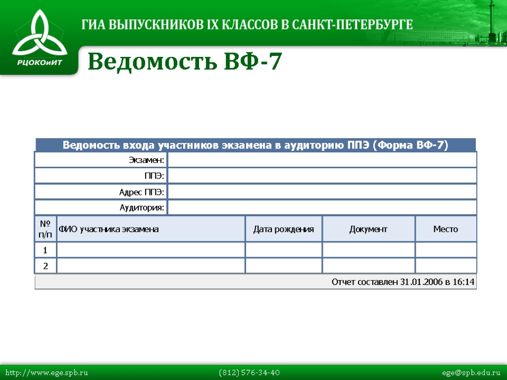 Ведомость ВФ-7 http://www.ege.spb.ru (812) 576-34-40 ege@spb.edu.ru